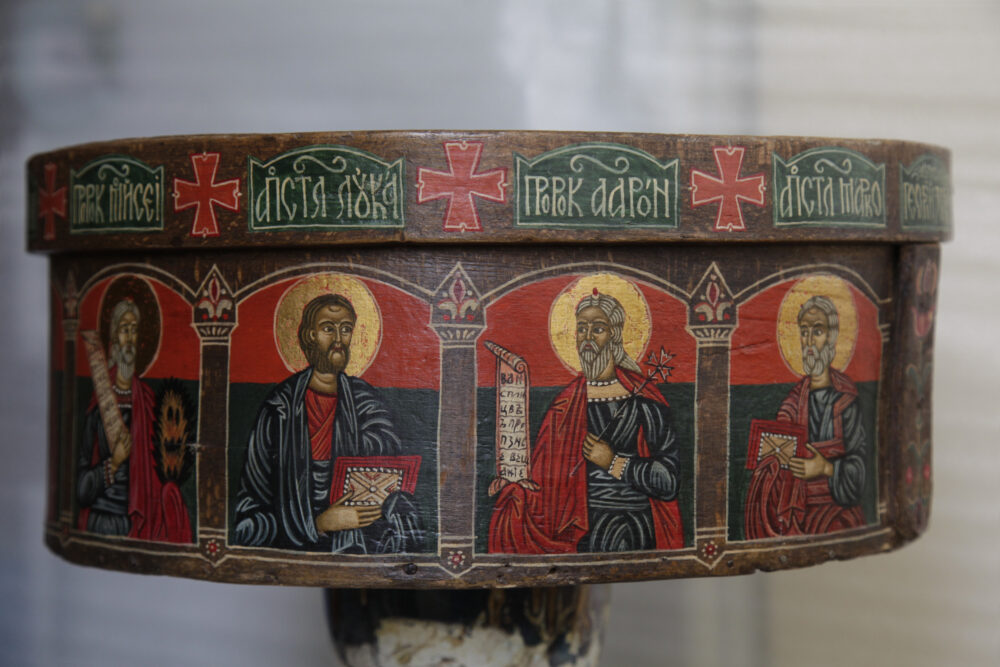 Georgi Nenchev /1951 - 2022/ - Painted Wooden Grain Measure with Images of Prophet and Saints